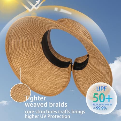 Rosoz Women's Sun Visor Hats Wide Brim Straw Beach Hat Ponytail Hats for Women Foldable Floppy