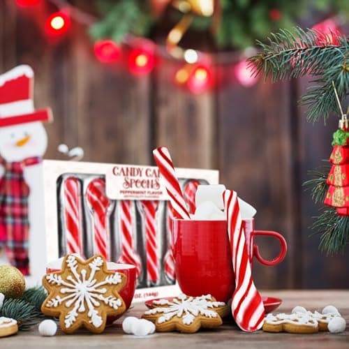 Taboom Dye-Free Peppermint Candy Cane Spoon & Hot Cocoa Bundle - 12 Individually Wrapped Peppermint Spoons with 12 Double Chocolate Premium Hot Cocoa Packets - Festive Christmas Hot Chocolate Gift Set & Stocking Stuffers