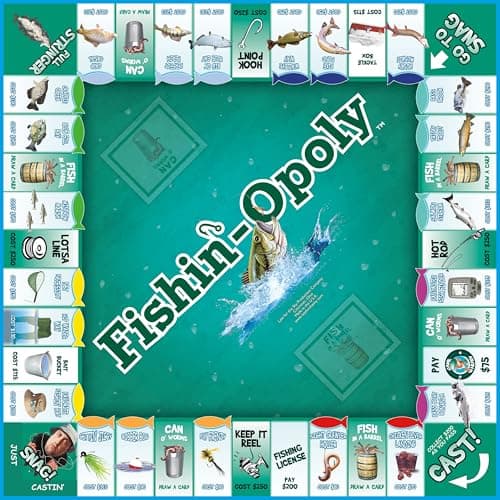 Funny property trading game for families and anglers Features quick or classic play modes and durable metal-style tokens Late for the Sky Fishin'-Opoly Board Game, 2-6 Players Strategy Fishing B000HI1QPI