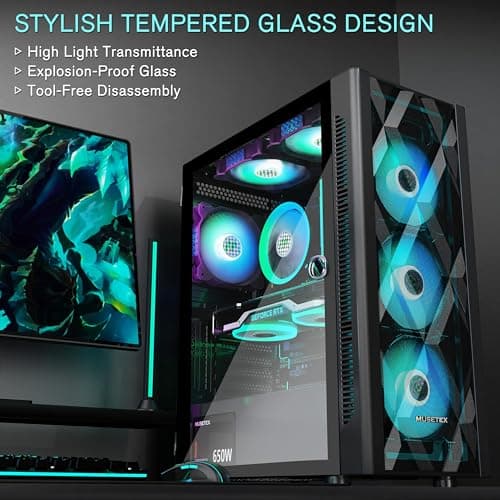 MUSETEX ATX PC Case Pre-Install 6 PWM ARGB Fans, Polygonal Mesh Computer Gaming Case, Opening Tempered Glass Side Panel Mid-Tower Case, USB 3.0 x 2, Black, NN8