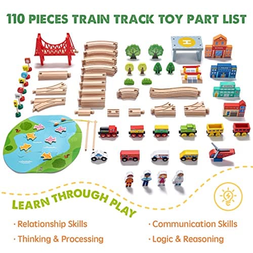 Tiny Land 110PCS Wooden Train Set – Toy Train with Tracks for Kids Ages 3-7, Compatible with Major Brands, Ideal Railway Playset for Boys and Girls, Great Birthday