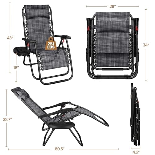 Yaheetech Zero Gravity Recliners Outdoor Adjustable Folding Reclining Lounge Chairs w/Pillows, Cup Holder Trays and Carry Strap for Patio Backyard Beach Gray Set of 2
