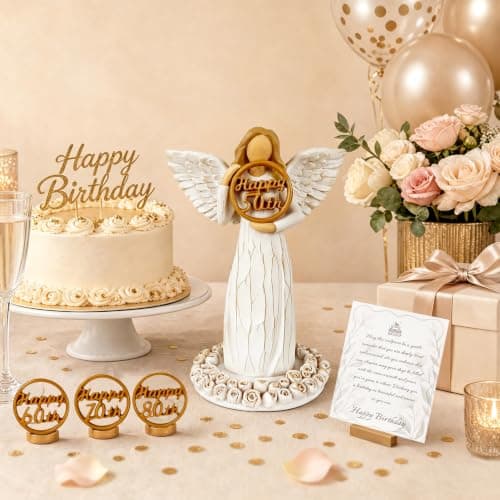 Hand-Painted Resin Angel Figurine with Rose Base, Milestone Birthday Gift for Mom Grandma Wife Sister 50th Birthday Gifts for Women - Replaceable 60th, 70th, 80th Age Plates B0H8CG1828