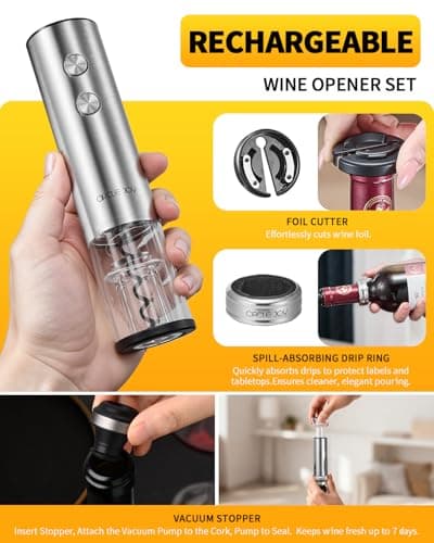 CIRCLE JOY Rechargeable Electric Wine Opener Set 8-in-1 Stainless Steel Automatic Wine Bottle Opener Gift Set w/Electric Wine Aerator Pourer, Foil Cutter, Wine Drip Ring, Vacuum Pump & 2 Wine Stoppers