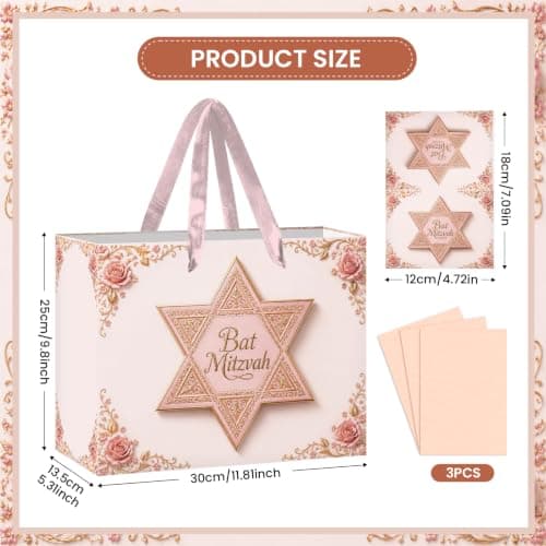 Bat Mitzvah Gift Bag Set Pink Rose Gold Star of David Paper Wrapping Bag with Ribbon Handles Tissue Paper Greeting Card All In One for Jewish Coming of Age Party Favor Celebration Decoration Supplies B0H5QYF944