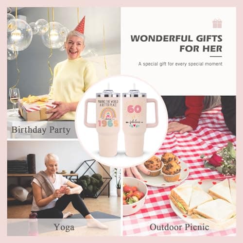 60th Birthday Gifts for Women Her, Cool 1965 60 th Birthday Gifts for Woman Turning 60 Year Old, 60th Birthday Decorations for Women Mom, 60th Birthday Gifts Ideas, 60 and Fabulous 40oz Tumbler Cup