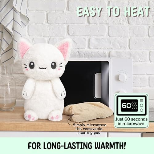 White Cat Microwavable 1.5 lbs Unscented Heating Pad for Women and Kids- Cute Soft Cozy Pillow Plush Heatable Warm Stuffed Animals - Kawaii Hot and Cold Plushie - White Cat Gifts for Girls and Women B0D78TJN7Z