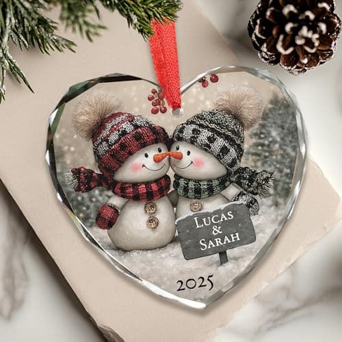 Noni Personalized Couple Heart Glass Ornament, Custom Names Printed and Year 2025, Snowman Couple Art Clear Faceted Tree Keepsake, Gifts for Couples, Gifts for Christmas