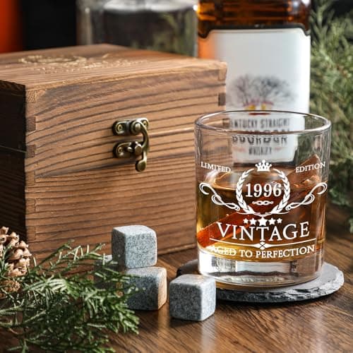 30th Birthday Gifts for Men Whiskey Glass Set - 30th Birthday Decorations, Party Supplies - 30 Year Anniversary, Bday Gifts Ideas for Him, Dad, Husband, Friends - Wood Box & Whiskey Stones & Coaster B0BJCWJDC4
