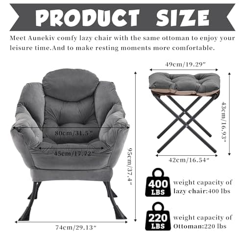 Lazy Chair with Ottoman, Comfy Accent Lounge Chair with Side Pocket, Modern Reading Armchair with Footrest, Upholstered Sofa Chair for Small Spaces, Bedroom, Living Room, Dorm, Darkgrey