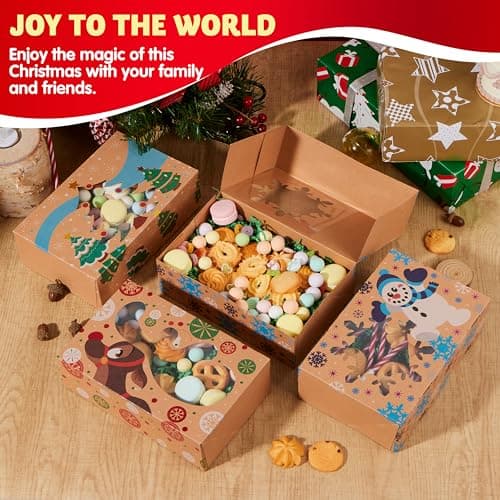 JOYIN 12PCS Christmas Cookie Boxes for Gift Giving, 8.75" x 5.75" x 2.75" Xmas Holiday Treat Cookie Tin with Window, 3 Designs Brown Foiled Kraft Bakery Box for Pastries, Cupcakes, Brownies, Doughnut