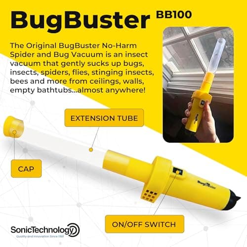 Sonic Technology BugBuster BB100 - Battery Operated Spider Catcher and Release Device, Spider Vacuum Catcher for Kids & Adult, Bug Catch and Release Tool for All Insects with Easy Switch- 14" Yellow
