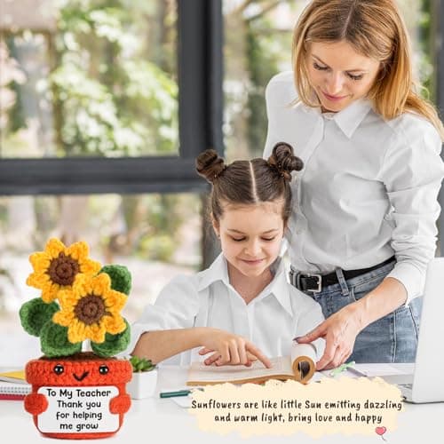 Help Me Grow Teachers Day Graduation Small Handmade Crochet Sunflower Last Day of School Valentines Easter Gift for Teacher Teacher Back to School Christmas Appreciation Gifts Thank You Teacher B0F21M6HP4