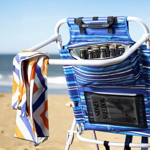 Tall Beach Chairs for Adults, 17" High Backpack Beach Chair with Wooden Armrests, 5 Positions Reclining Heavy Duty Chair with Large Cooler Pouch, Support to 350LBS Striped Blue,1pack