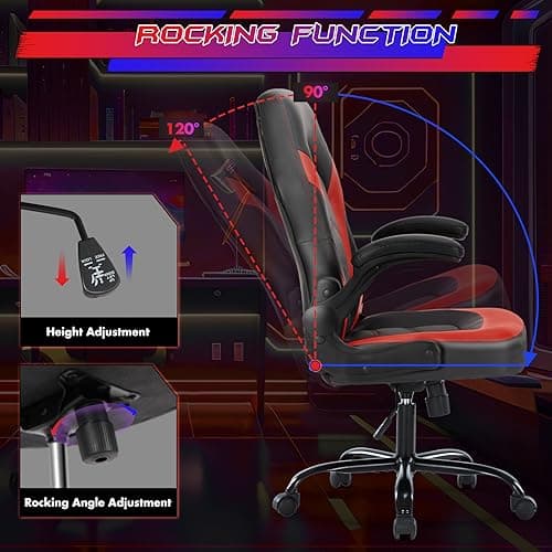 Sweetcrispy Computer Gaming Chair - PU Leather Ergonomic Lumbar Support with Flip-up Armrest and 360° Swivel Wheels, Height Adjustable Task Home Office Desk Video Racing, Red