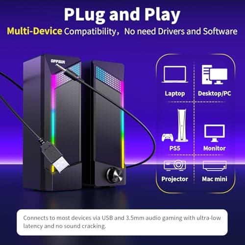 Computer Speakers, 2 in 1 PC Speaker , Gaming Speakers for PC Computer Laptop Desktop Monitor, RGB Speakers with Touch Sensitive Lighting, USB Powered 3.5mm Aux(Package Only Two Speaker, No Soundbar)