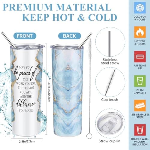 Domensi 6 Pcs Employee Appreciation Gift Set for Women Female Christmas Thank You Gift May You Be Proud 20 oz Rustic Marble Sign Tumbler Makeup Bag Journal for Teacher Nurse Lady Work Business(Blue)