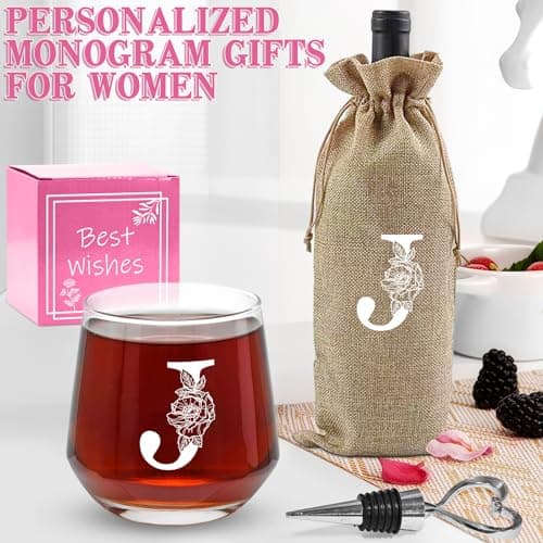 Personalized Gifts for Women,Monogrammed A-Z Wine Glasses Gifts for Women,Wine Glass for Gift Box,Birthday Gifts for Mom Sister Grandma-J