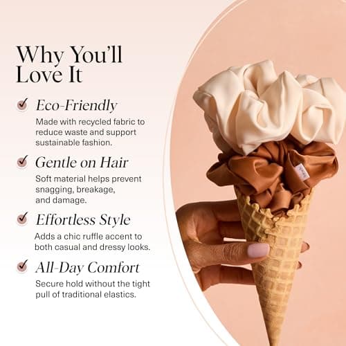 Kitsch Recycled Satin Oversized Scrunchies – Large Hair Scrunchies for Women, Eco-Friendly Hair Ties & Ponytail Holders | Ideal Gifts for Women - Camel & Cream, 2pc Set