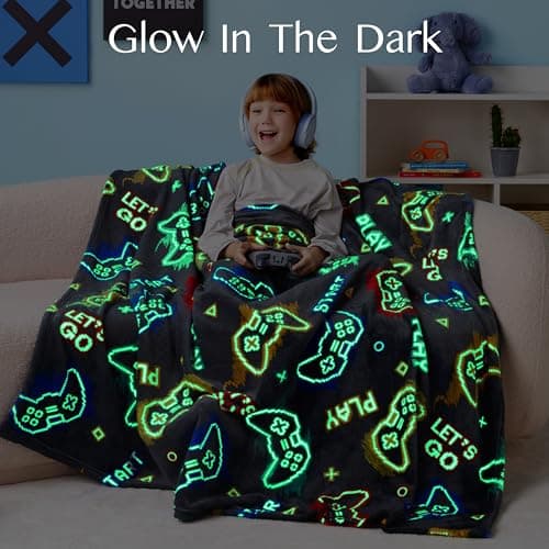 Joiedomi Glow in The Dark Gaming Blanket Gamer Gifts for Boys Age 2 3 4 5 6 7 8 9 10 11 12 Year Old, Soft Cozy Flannel Kids Throw Blanket, Birthday Bedroom Decor Grey 50"×60"