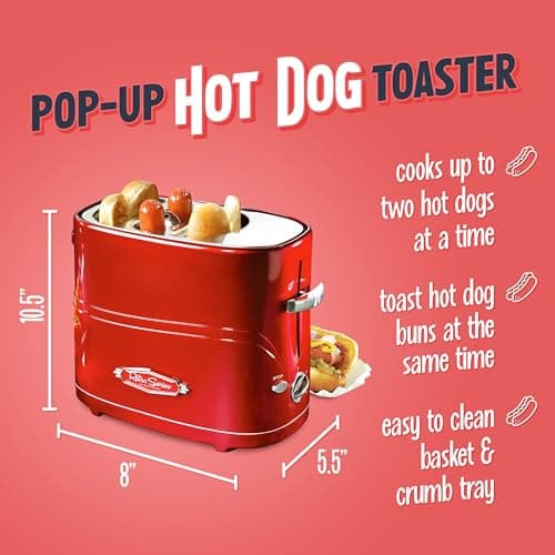 Nostalgia HDT600RETRORED Retro Pop-Up 2 Hot Dog & Bun Toaster, with Mini Tongs, Works with Chicken, Turkey, Veggie Links, sausages & Brats B005Q8X6IO