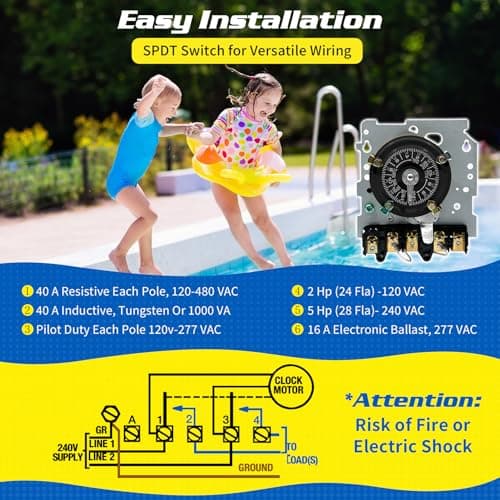 T104M Mechanical Time Switch Mechanism Only, 208-277 VAC DPST 5HP 40A Time Switch, Heavy Duty Electromechanical Timer, 24 Hour 12 ON/Off for Pool Pump HVAC Fans Water Heater Lights