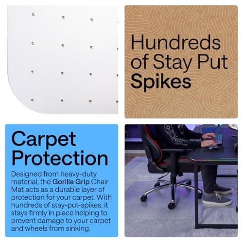 GORILLA GRIP Slip Resistant Clear Office Chair Mat for Carpet Floors, 36x48 Smooth Rolling Glide Under Desk, Heavy Duty Plastic Computer Mats and Carpeted Floor Protector, Work and Gaming Chairs