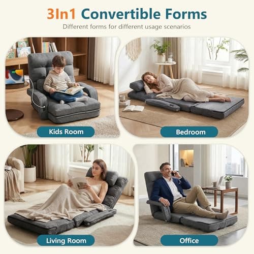 STHOUYN Comfy Floor Chair Bedroom 2 USB Charging Ports, 5-Position Couch Gaming Lounge Chairs Adults, Indoor Folding Lazy Sofa Meditation Arm Dorm Chair Living Room (Grey)