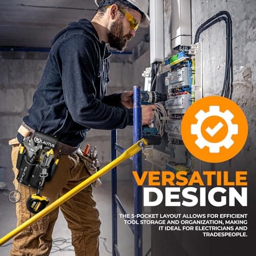 LAUTUS Electrician Full Top Grain Leather Tool Pouch; 5 Pocket Pouch with Electrical Tape Chain; Durable Compartments; Washer Rivets; Includes Metal Tool Clip; Black