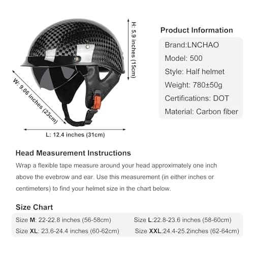 Carbon Fiber Motorcycle Half Helmet for Adults Men & Women – DOT Approved Open Face Retro Helmets with Visor, Vintage Design for Scooter, Moped, Cruiser