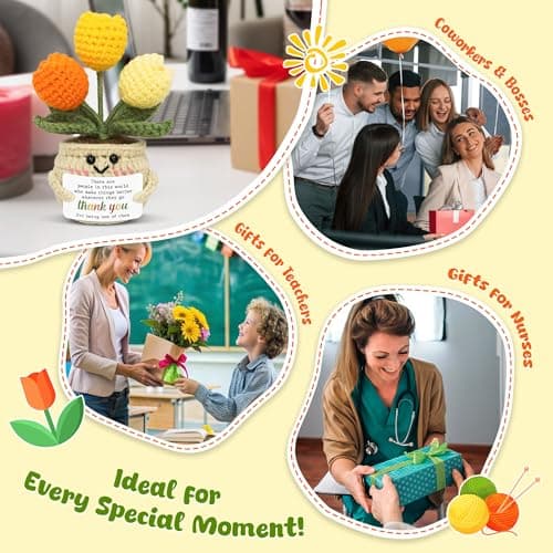 OASSIE Thank You Gifts for Women - Mini Handmade Positive Tulip Flowers Crochet with Message Card - Christmas Birthday Farewell Employee Appreciation Gifts for Coworkers, Emotional Support Crochet