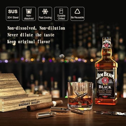 Reusable stainless steel whiskey chillers; birthday, anniversary & Father's Day gifts for men, Dad, husband or boyfriend. 8Pcs Bullet Whiskey Stones, Reusable Metal Ice Cubes, Whiskey Gifts for Men B0DCP33PNX