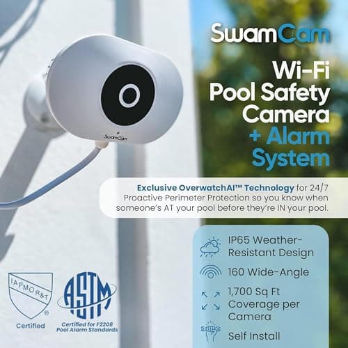 SwamCam Pool Alarm Wi-Fi Camera System – ASTM F2208 Certified – Smart Pool Safety for In-ground & Above-Ground Pools – Real-Time Alerts, Live View, Built-in Wi-Fi Repeater