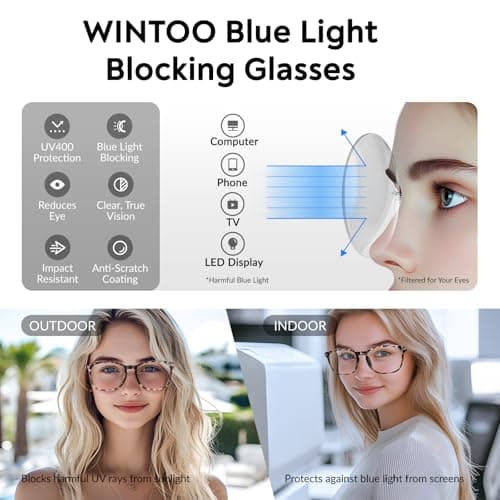 WINTOO Blue Light Glasses for Woman Men | 99% Blue Light Blocking Glasses for Computer Gaming TV Phone Screen Square Frame | Anti Eyestrain & UV Glare Protection - 5 Pair