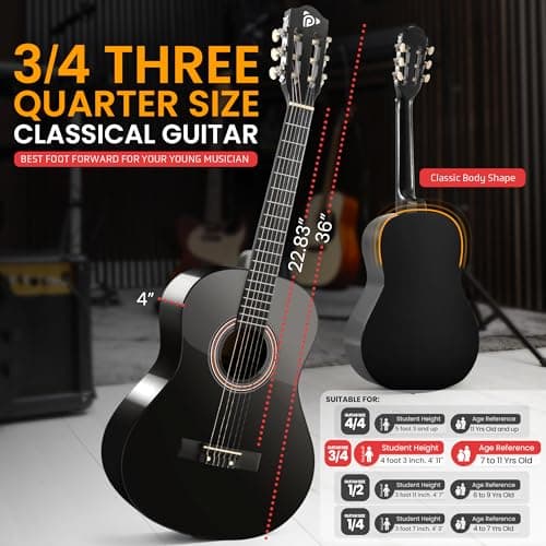 Pyle Beginner Acoustic Guitar Kit, 3/4 Junior Size All Wood Instrument with Full Accessory Kit, Picks, Shoulder Strap, Carry Case, Cleaning Cloth, Tuner App, 2 Month Lessons, 36” (Black Gloss)