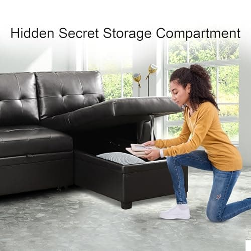 Naomi Home Modern Sectional Sofa with Storage Chaise Black/Air Leather