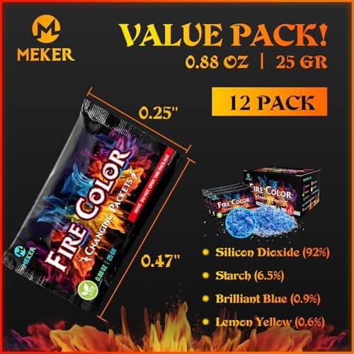 MEKER Fire Color Changing Packets - Fire Pit, Campfires, Outdoor Fireplaces, Bonfire - Magic Colorful Changing Fire - Perfect Fire Camping Accessories for Kids & Adults (12 Pack) B0C9THKCWY
