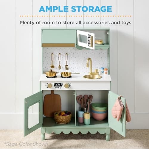 Best Choice Products Toddler Kitchen Playset, Wooden Cottage Kids Play Kitchen with 5 Accessories, Toy Storage, Scalloped Edge, and Pretend Play Microwave, Oven, Clicking Knobs - Cream