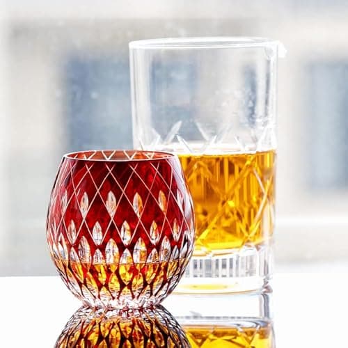 EDO Kiriko Whiskey Glasses Japanese Style 11OZ Unique Shape Colored Hand Carved Glass Tumbler for Bourbon Lovers - Style Glassware for Rum - Rocks Glass in Gift Box (Red)