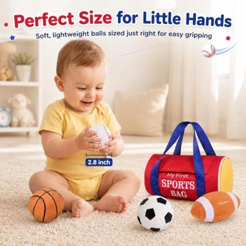 KMUYSL Baby Toys 0-12 Months, My First Sports Bag Plush Toy - 4 Sensory Balls Soft Toys with Crinkle, Rattles for 0-3-6-9-12 Month Newborn Infant, 1st Birthday for Babies Boys Girls Age 1
