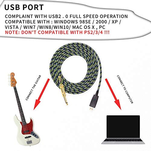 YESPURE USB Guitar Cable 10Ft,USB Guitar Interface Male to 6.35mm 1/4 inch Gold-Plated TS Mono Plug,Nylon Braid Recording Cable Compatible with Windows Mac OS for Guitar,Bass,Microphones,and More
