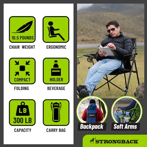 STRONGBACK Camping Chair Guru Heavy Duty Camping Chairs with Lumbar Support - Backpack Folding Camp Chair - Lime Green