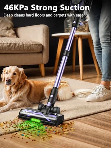 Cordless Vacuum Cleaner, 46KPa/500W Stick Vacuum with 55 Mins Runtime, Self-Standing Vacuum Cleaner for Home, LED Display, Anti-Tangle Brush, Rechargeable Vacuum for Hardwood Floor, Pet Hair (Violet)