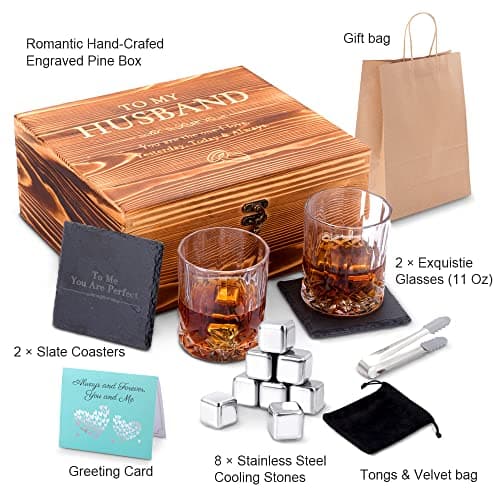 Whiskey Stones Gift Set Anniversary Gi fts for Husband | Him | Men, Husband Birthday | Wedding Anniversary | Valentine's Day Gift, 8 Stainless Steel Whiskey Stones & 2 Whiskey Glasses(11oz)