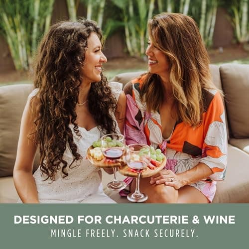 PICNIC TIME Wine Appetizer Plates, Set of 4 Wooden Cocktail Plates with Glass Holder, Mini Charcuterie Boards for Wine and Cheese Parties, Acacia Cheese Board Serving Trays (Oval - Acacia Wood)