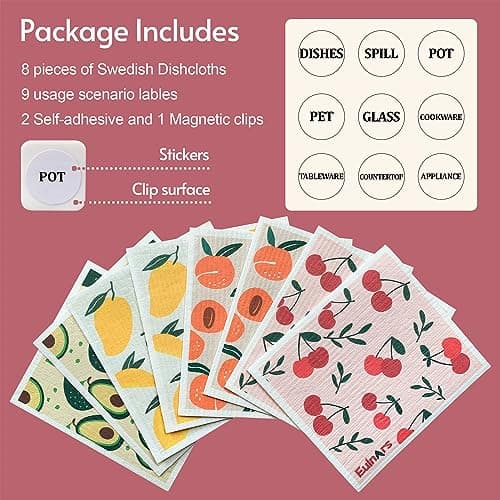 Swedish Dishcloths for Kitchen, 8 Pack Reusable Paper Towels with Clips, Non-Scratch Swedish Kitchen Towels, Super Absorbent Cellulose Sponge Cloths, Dishwasher Safe, No Odor
