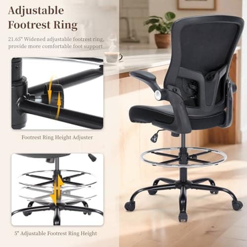 Drafting Chair, Tall Office Chair with PU Leather Seat, Ergonomic Standing Desk Chair with Lumbar Support Counter Height Office Chair with Adjustable Footrest Ring Flip-up Armrests
