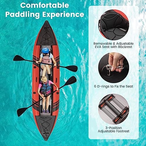 GYMAX Inflatable Kayak, 12.5Ft 507lbs Tandem Kayak with 2 Aluminum Paddles, 2 Padded Seats, Footrests, 2 Fins, Hand Pump, Carry Bag & Repair Kit, 2 Person Fishing Touring Kayak for Adults
