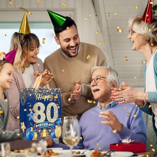 Blue 80th Birthday Gift Bag, Large Navy Blue and Gold Happy 80th Birthday Gift Wrap Bag with Card and 3pcs Tissue Paper for Men Women 80 Years Old Anniversary Party Favors Goodie Wrapping Bag Supplies