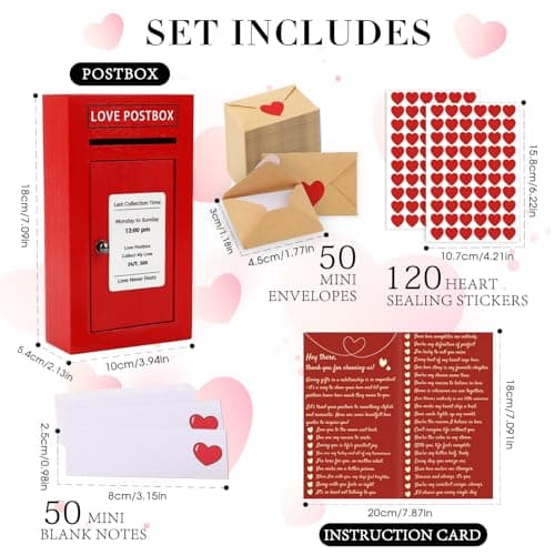 Red Wooden Mailbox, Interactive Opening Door, Cute Christmas Anniversary Valentines Day Gifts for Him Husband Boyfriend Romantic Wooden Love Postbox Set, 50 Mini Love Notes and Envelopes B0DQVG86TF
